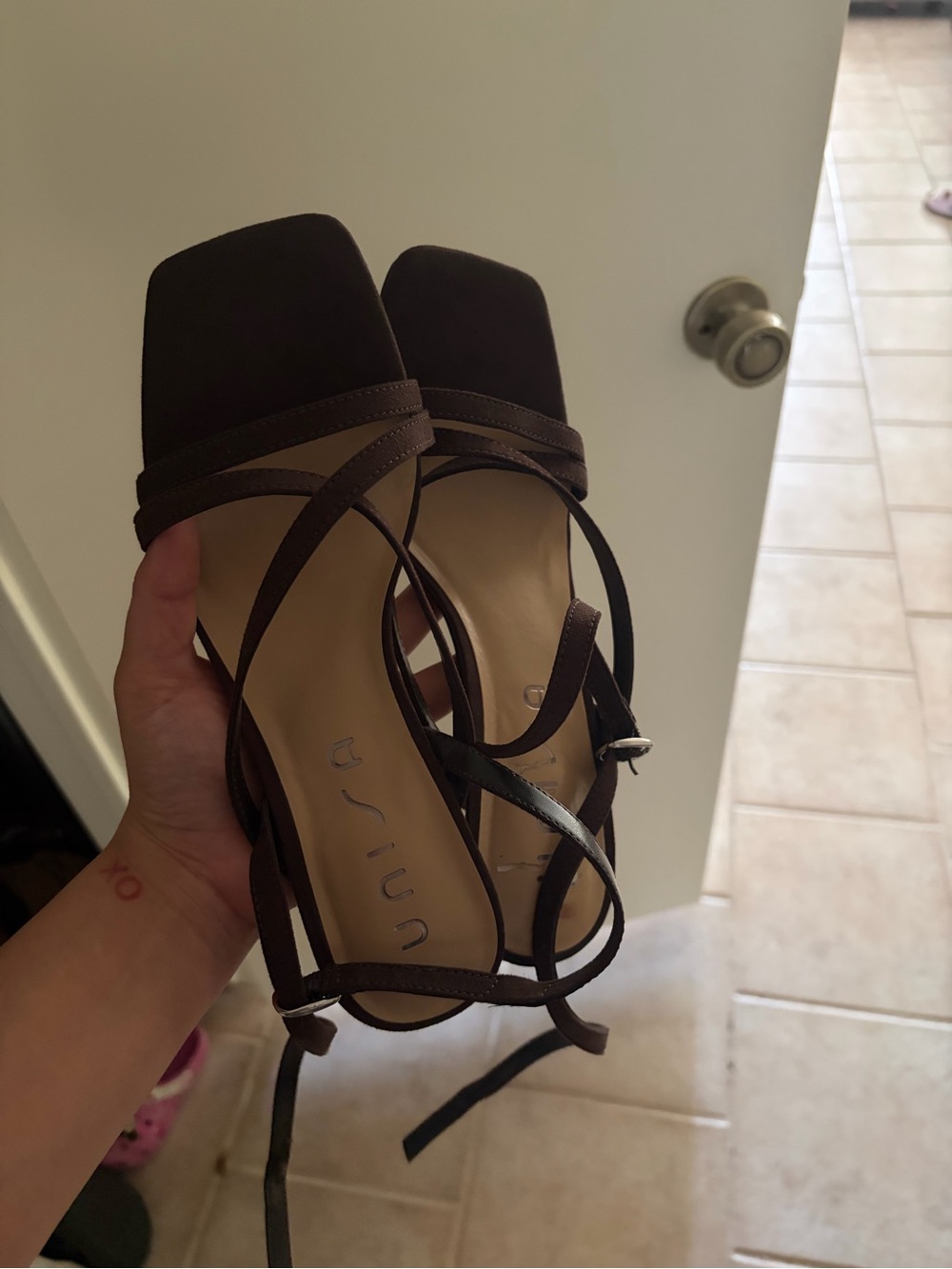 Unisa Dark Brown Strappy Square-Toe Heeled Sandals
